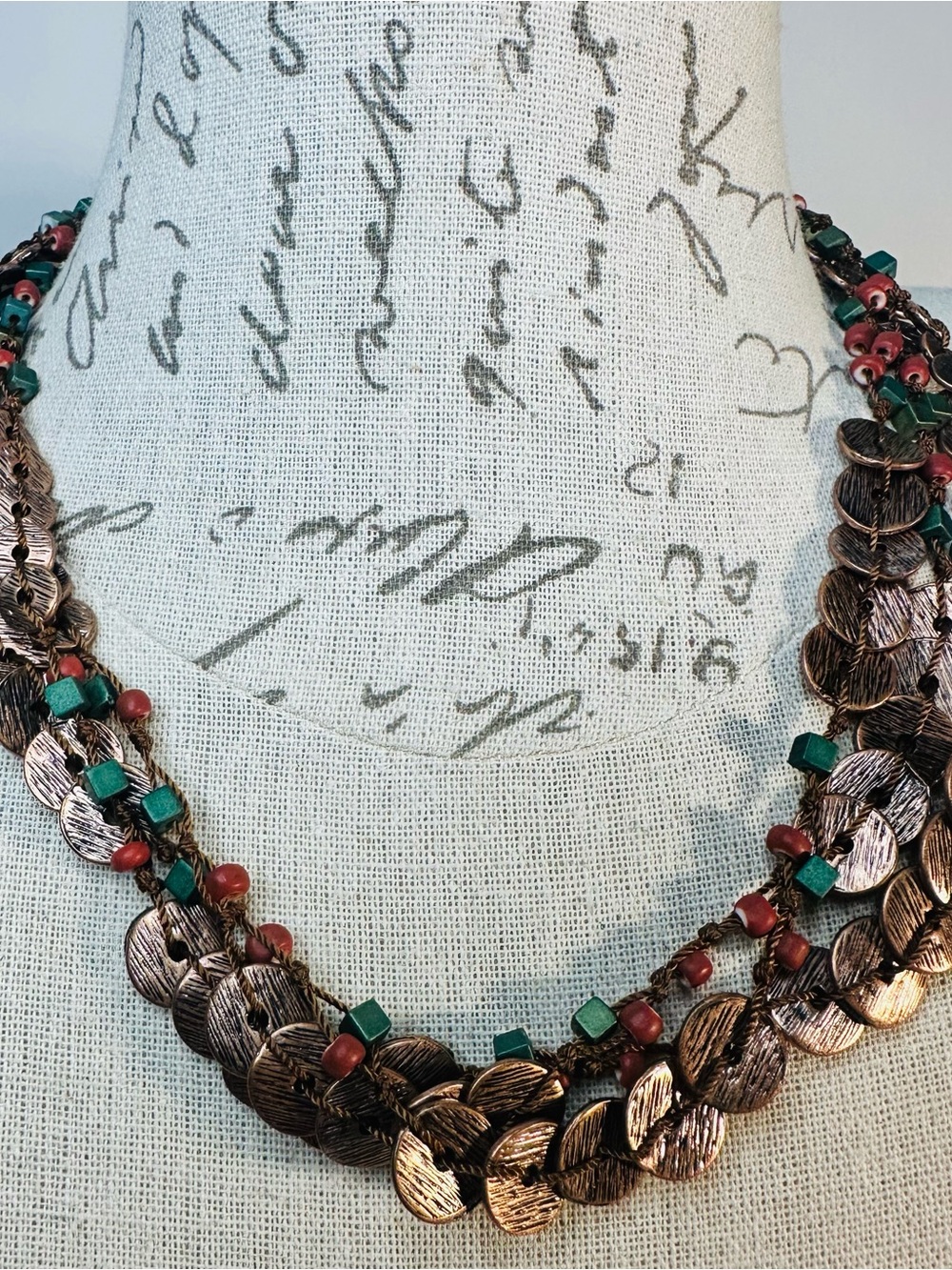 Coldwater Creek Multi Strand Copper Tone Necklace Green Coral Beaded Boho